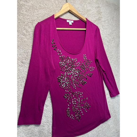 Cache Embellished Top Women's Medium Scoop Neck 3/4 Sleeve Magenta Rhinestone - Picture 9 of 12